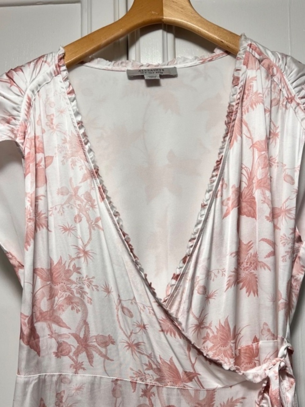 All Saints Satin Floral Wrap Dress in white/blush - Picture 2 of 7
